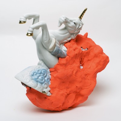 Adam Puryear  Unicorn vs. digitalization Neon modeling clay, Found object 7.5” x 7” - 2013 